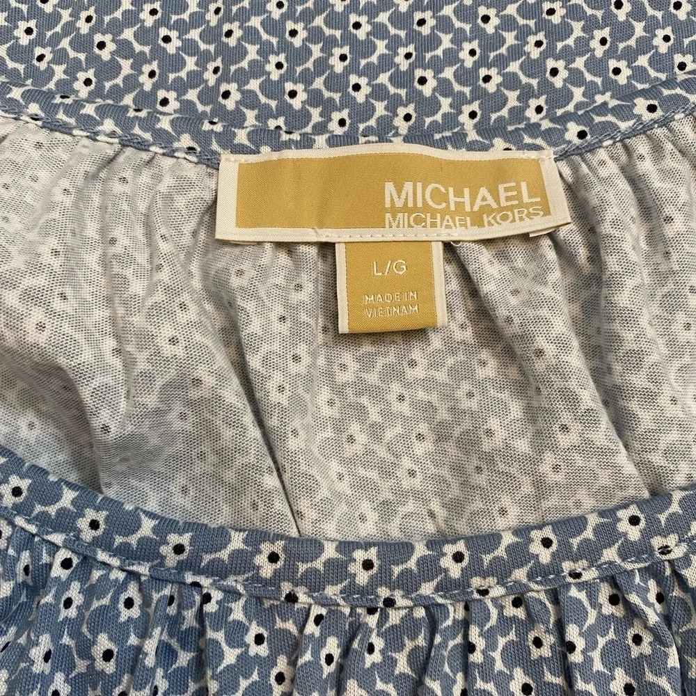 Michael Kors Large Blue White Floral Stretch Peasant Blouse 3/4 Ruffle Sleeves